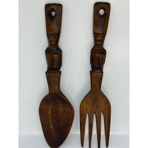 VTG Hand-Carved Wooden Spoon Fork Set With Tribal Face Design Rustic Wall Decor